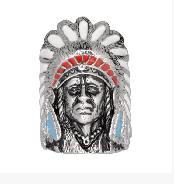 Gents Indian Head Ring With Enamel Stainless Steel Motorcycle Jewelry
