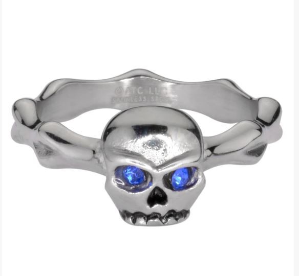Ladies Blue Eyed Skull Bones Ring Stainless Steel Motorcycle Jewelry