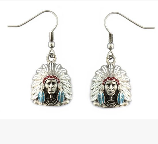 Indian Headdress Bust Earrings Stainless Steel Red White Blue Red Brown Green Brown