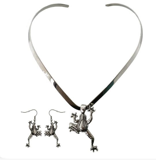 Frog Pendant Matching Earrings With V-Cuff Necklace Stainless Steel