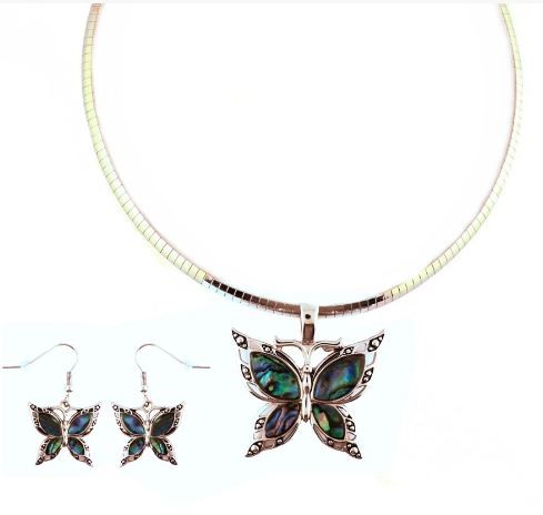 Abalone Wide Butterfly Pendant & Matching Earrings With Omega 19
