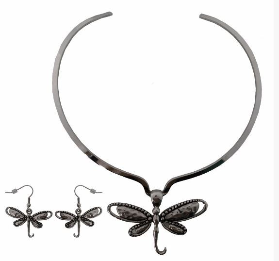 Dragonfly Pendant Matching Earrings With V-Cuff Necklace Stainless Steel Jewelry