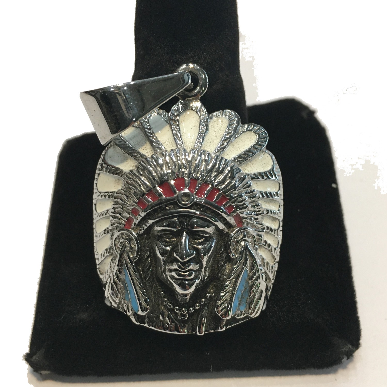 INDIAN HEAD RED BLUE PENDANT STAINLESS STEEL 1-3/4