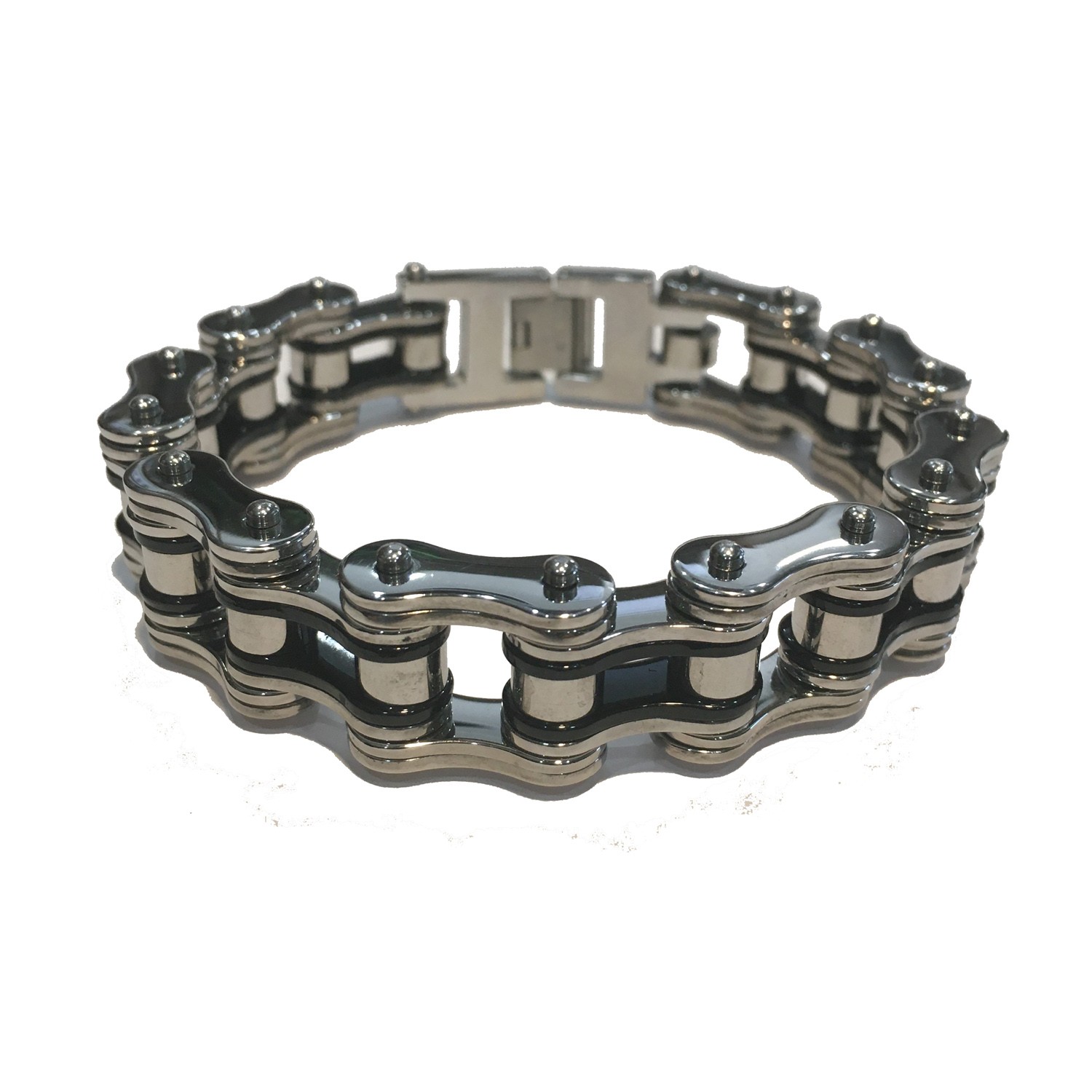 SHINY SILVER & BLACK MENS MOTORCYCLE CHAIN BRACELET STAINLESS STEEL 9