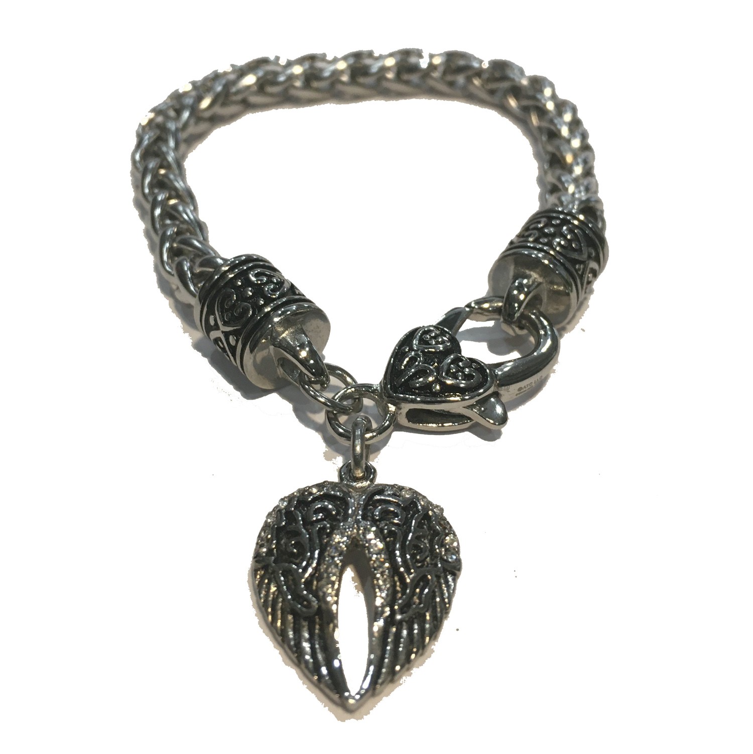 ANGEL WING ANTIQUE WITH CLEAR CRYSTALS CHARM BRACELET LADIES WITH HEART CLASP WIDE CHAIN STAINLESS STEEL 7