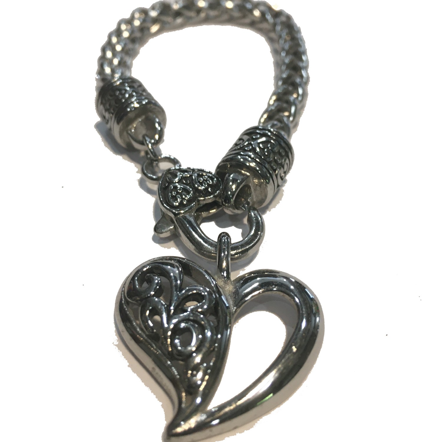 HEART FILIGREE CHARM BRACELET LADIES WITH HEART CLASP WIDE CHAIN STAINLESS STEEL