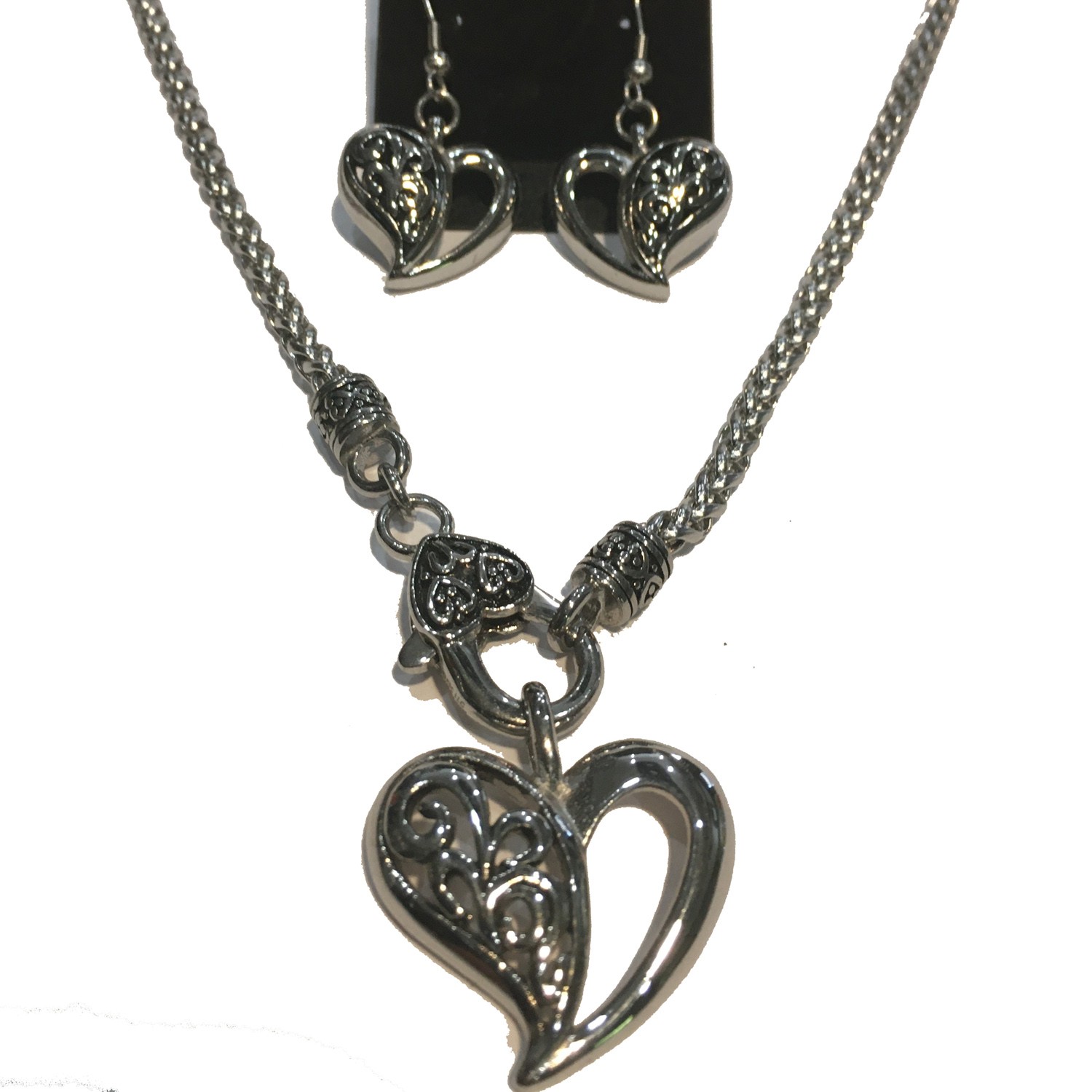 HEART ANTIQUE LOOK FILIGREE PENDANT ON CHAIN WITH HEART CLASP AND MATCHING EARRINGS STAINLESS STEEL