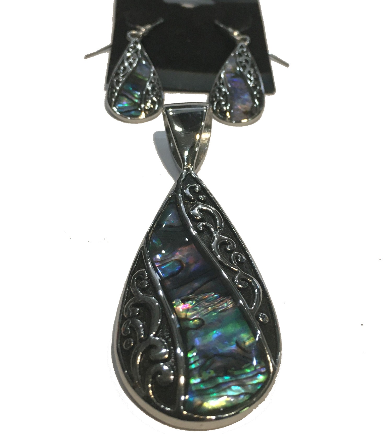 TEARDROP ABALONE PENDANT WITH MATCHING EARRINGS STAINLESS STEEL