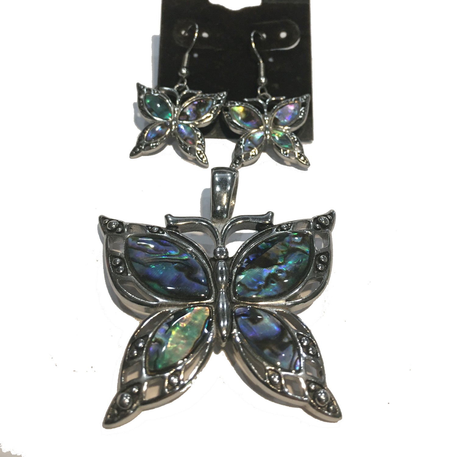 BUTTERFLY ABALONE PENDANT WITH MATCHING EARRINGS STAINLESS STEEL